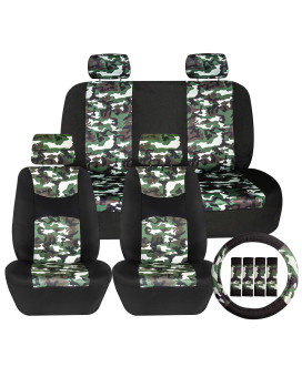 FH Group Car Seat Covers Full Set Hunting Print Cloth - Universal Fit Automotive Seat Covers, Low Back Front Seat Covers, Solid Back Seat Cover, Washable Car Seat Cover for SUV, Sedan, Van Green.