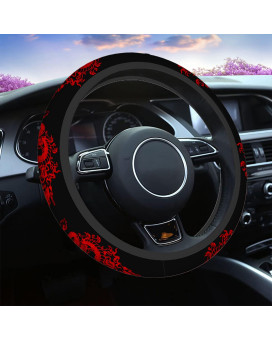 Swono Dragon Red Universal Neoprene Steering Wheel Cover Abstract Chinese Dragon Red Black 15 Inch Steering Wheel Covers,Printed Steering Wheel Elastic Protection for Women and Girls