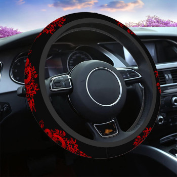 Swono Dragon Red Universal Neoprene Steering Wheel Cover Abstract Chinese Dragon Red Black 15 Inch Steering Wheel Covers,Printed Steering Wheel Elastic Protection for Women and Girls