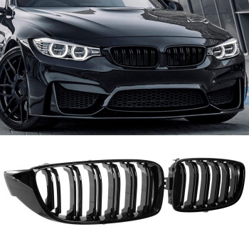 DEKEWEI F32 Grille,Front Kidney Grille Grill Compatible for 4 Series F32 F33 F36 (2014-2019) M3 F80 M4 F82 (2015-2019) (Double Slats Gloss Black Grills, 2pcs)