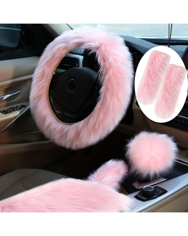 Tallew 6 Pieces Fluffy Steering Wheel Covers Winter Wool Fur Handbrake Cover Warm Gear Steering Wheel Cover Console Seat Belt Shoulder Pads Accessories Furry Non-slip Car Decor (Black,Short Hair)