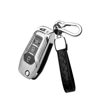 HIBEYO TPU Carbon Fiber Texture Car Key Fob Cover with Keychain fits for Ford Fusion Fiesta Mondeo Ranger Focus Ecosport Car Key Case Cover Jacket Smart Remote Car Key Holder Shell 3 Button Silver