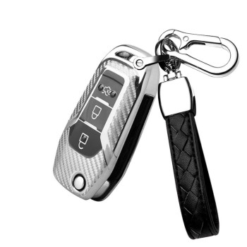 HIBEYO TPU Carbon Fiber Texture Car Key Fob Cover with Keychain fits for Ford Fusion Fiesta Mondeo Ranger Focus Ecosport Car Key Case Cover Jacket Smart Remote Car Key Holder Shell 3 Button Silver