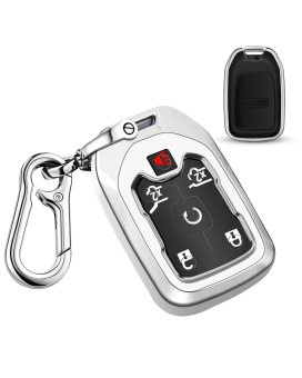 QBUC for GMC Key Fob Cover TPU Protector Case with Keychain for 2019-2021 Chevrolet Chevy Silverado and GMC Sierra 1500 2500HD 3500HD Terrain Acadia Yukon Key Cover Smart Remote 3/4/5/6 Button(silver)