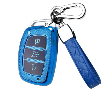 HIBEYO TPU Carbon Fiber Texture Car Key Fob Cover with Keychain fits for Hyundai Tucson Elantra Ioniq IX35 Solaris Santa Fe Car Key Case Cover Jacket Smart Remote Car Key Holder Shell 3 Button Blue