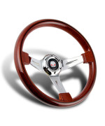Q1-TECH, 13.5 Universal 343mm 6 Bolt Hole 3-Inche Deep Dish Classic Dark Wood Grip with Aluminum Polished Grip Steering Wheel, Black Horn Button JDM Euro VIP Style, Silver 3-Spoke