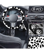 Aififgui 6Pcs Cow Car Accessories Set for women, Car cow print steering wheel cover microfiber Universal 15 inch steering covers breathable non slip odorless Steering Wheel Protector