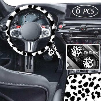 Aififgui 6Pcs Cow Car Accessories Set for women, Car cow print steering wheel cover microfiber Universal 15 inch steering covers breathable non slip odorless Steering Wheel Protector