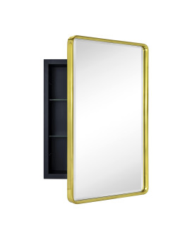 TEHOME Farmhouse Brushed gold Metal Framed Recessed Bathroom Medicine cabinet with Mirror Rounded Rectangle Tilting Beveled Vanity Mirros for Wall 16x24