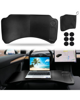 Sionse Foldable Car Laptop Tray Desk Compatible with Tesla Model Y Model 3, Carbon Fiber Food Tray Table for Working, Travel & Eat Lunch in Car, Upgraded Steering Wheel Tray - Comfortable & Big Space
