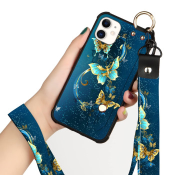 KANgHAR compatible with iPhone 1212 Pro case Blue Butterfly Shell Wrist Strap Lanyard cover for Apple iPhone 1212 Pro 61 INcH