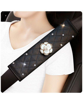 Murimt Car Seat Belt Leather Cover,Flower Buckle Cushion-Seat Belt Covers for Adults Women and Men Kids, Seat Belt Shoulder Pads 2 Pieces,Soft Shoulder Pads (Black)