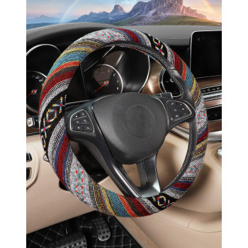 SEG Direct Boho Steering Wheel Cover with Baja Blanket Cloth, Ethnic Style Auto Wheel Cover Made of Coarse Flax, Fits 14 1/2-15 1/4 inches Car Wheel