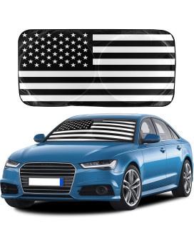 EcoNour Black American Flag Patriotic Car Sun Shade Windshield Robust 240T Polyester Material Front Sun Visor for Car Windshield Pouch 99% UV Protection for Car Truck & SUV Medium 64 x 32 Inches