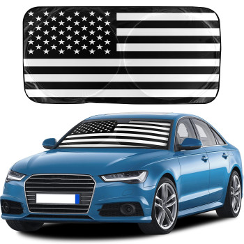 EcoNour Black American Flag Patriotic Car Sun Shade Windshield Robust 240T Polyester Material Front Sun Visor for Car Windshield Pouch 99% UV Protection for Car Truck & SUV Medium 64 x 32 Inches