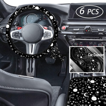 Aififgui 6Pcs moon and star steering wheel cover Set for women,Black Cute Moon Car Accessories microfiber Universal 15 inch steering covers breathable non slip odorless Steering Wheel Protector