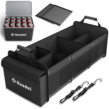 K KNODEL Extra Large 3 Compartments Trunk Organizer Heavy Duty for Car, SUV with Cooler Bag, 2 Adjustable Securing Straps (4-in-1, Black)