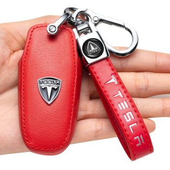 Hefanor Genuine Leather Key Fob Case Cover Replacement for Tesla Model S ,Model 3 , Model X ,Model Y ect Keyless Entry Remote Keychain Key Holder Key Fob