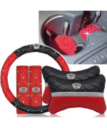 Diamond Crown Car Leather Accessories Kit: Steering Wheel Cover and 2 Headrest Pillows & 2 Seat Belt Pads with Unique Cup Coasters (Black and Red)