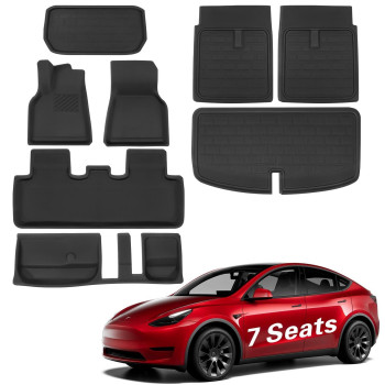 BASENOR 8PCS Tesla Model Y Floor Mats 3D Full Set Liners All-Weather Anti-Slip Waterproof Frunk & Trunk Mat Accessories Compatible with 7 Seater Model Y