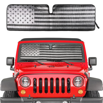 Savadicar Windshield Sun Shade with USA Flag for 1997-2018 Jeep Wrangler TJ JK JKU, Sunshades Heat Shield, Aluminum Foil Triple Laminate Structure, Silver