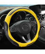 Leather Steering Wheel Cover, Auto Car Stretch Steering Wheel Protector, Universal 15 Inch Anti-Slip Breathable Odorless Steering Wheel Cover for Men Women (Black/Yellow)