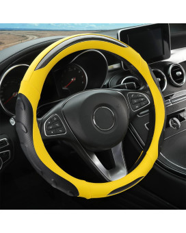 Leather Steering Wheel Cover, Auto Car Stretch Steering Wheel Protector, Universal 15 Inch Anti-Slip Breathable Odorless Steering Wheel Cover for Men Women (Black/Yellow)