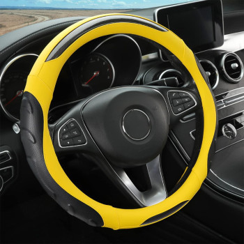 Leather Steering Wheel Cover, Auto Car Stretch Steering Wheel Protector, Universal 15 Inch Anti-Slip Breathable Odorless Steering Wheel Cover for Men Women (Black/Yellow)