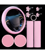 10 Pcs Leather Steering Wheel Cover for Women Cute Car Accessories Set with Seat Belt Shoulder Pads Seatbelt Covers Cup Holders Bling Start Button Ring Sticker Air Vent Clip Car Accessories(Pink)