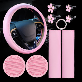 10 Pcs Leather Steering Wheel Cover for Women Cute Car Accessories Set with Seat Belt Shoulder Pads Seatbelt Covers Cup Holders Bling Start Button Ring Sticker Air Vent Clip Car Accessories(Pink)