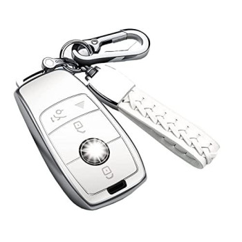 Autophone Compatible with Mercedes Benz Key Fob Cover with Keychain,Soft TPU 360 Degree Protection Key Case for 2019-2021 A-Class C-Class G-Class 2017-2020 E-Class S-Class (White)