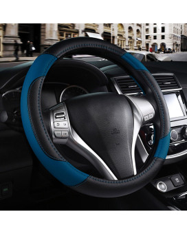 Leather Car Steering Wheel Cover, Non-Slip Car Wheel Cover Protector Breathable Microfiber Leather Universal Fit for Most Cars (Blue-2)