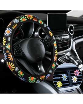 Cute Steering Wheel Cover Flower Steering Wheel Cover Floral Steering Wheel Cover for Girls with 4 Pieces Cute Flowers Car Air Vent Clips for Women Girls Car Decorations (Sunflower Style)