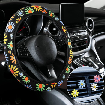 Cute Steering Wheel Cover Flower Steering Wheel Cover Floral Steering Wheel Cover for Girls with 4 Pieces Cute Flowers Car Air Vent Clips for Women Girls Car Decorations (Sunflower Style)