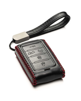 Vitodeco Genuine Leather Smart Key Fob Case Compatible with Jeep Wagoneer, Jeep Grand Wagoneer, Jeep Grand Cherokee 2023 (5-Button, Black/Red)