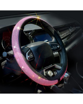 ChuLian New Diamond Leather Steering Wheel Cover with Bling Bling Crystal Rhinestones, Universal Fit 15 Inch Car Wheel Protector for Women Girls Pink Diamond