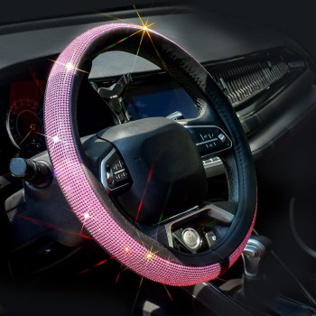 ChuLian New Diamond Leather Steering Wheel Cover with Bling Bling Crystal Rhinestones, Universal Fit 15 Inch Car Wheel Protector for Women Girls Pink Diamond