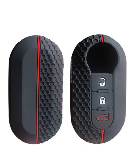 OTMIK Silicone Car Key Cover Compatible with Fiat 500 Ducato Panda 500L Soft Flip Key Case 3 Buttons (Red Line)