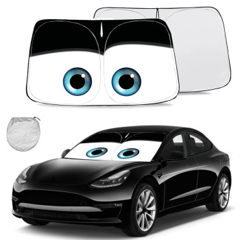 Gven Sunshade for Tesla Model Y 3 Accessories 2023 Windshield Sun Shade Funny Eyes Car Shade for Tesla Double Layer Blocks UV Rays Sun Visor Protector