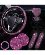 ToBeQueen Bling Pink Steering Wheel Cover Set Bling Car Accessories Set,Steering Wheel Cover Fit 15Inch, Sparkling Shoulder Pad, Rhinestone Gear Shift Cover and Cup Holder, 7 Pack, Pink