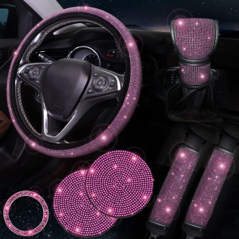 ToBeQueen Bling Pink Steering Wheel Cover Set Bling Car Accessories Set,Steering Wheel Cover Fit 15Inch, Sparkling Shoulder Pad, Rhinestone Gear Shift Cover and Cup Holder, 7 Pack, Pink