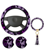 Butterfly Steering Wheel Cover Women Car Accessories Set with Car Cup Holder and Keyring Bracelet Butterflies Design Grip Steering Wheel Cover for Car SUV (Elegant Style)
