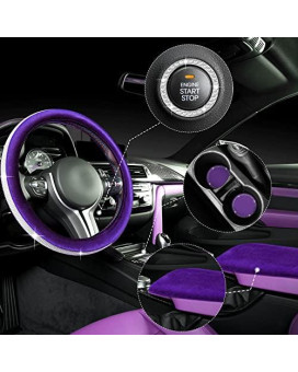 5 Pieces Bling Car Accessories Set Crystal Diamond Car Steering Wheel Cover Faux Fur Auto Center Console Pad Cup Holders Rhinestone Ring Sticker for Car Decor(Purple)