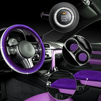 5 Pieces Bling Car Accessories Set Crystal Diamond Car Steering Wheel Cover Faux Fur Auto Center Console Pad Cup Holders Rhinestone Ring Sticker for Car Decor(Purple)