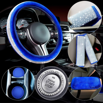 9 Pcs Bling Car Accessories Set Crystal Diamond Car Steering Wheel Cover Faux Fur Auto Center Console Pad Seat Belt Shoulder Pads Handbrake Cover with Rhinestone Ring Sticker, Royal Blue