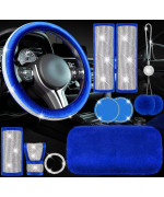 10 Pieces Bling Car Accessories Set Steering Wheel Cover Seat Belt Pads Center Console Pad Car Cup Ring Sticker Handbrake Cover Shift Gear Cover Mirror Hanging Accessories for Car Decor