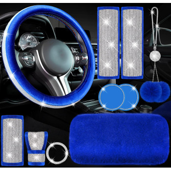 10 Pieces Bling Car Accessories Set Steering Wheel Cover Seat Belt Pads Center Console Pad Car Cup Ring Sticker Handbrake Cover Shift Gear Cover Mirror Hanging Accessories for Car Decor