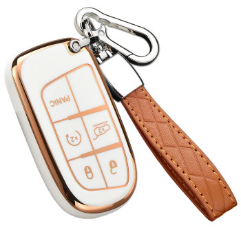 RICHBULL For Jeep Key Fob Cover with Leather Keychain,Premium Soft TPU Protection Key Case for Jeep Smart Key 3 4 5 Buttons Protector Challenge(White )