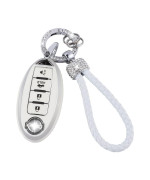 UHONSN for Nissan Key Fob Cover 4 Button Auto Start Soft TPU Smart Keyless Case Keys Protector Chain Cute Car Accessories Girly White