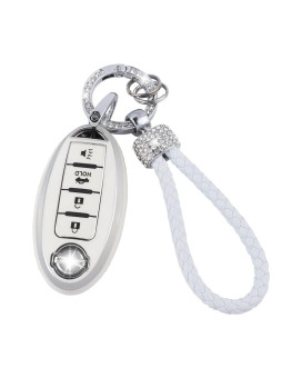 UHONSN for Nissan Key Fob Cover 4 Button Auto Start Soft TPU Smart Keyless Case Keys Protector Chain Cute Car Accessories Girly White